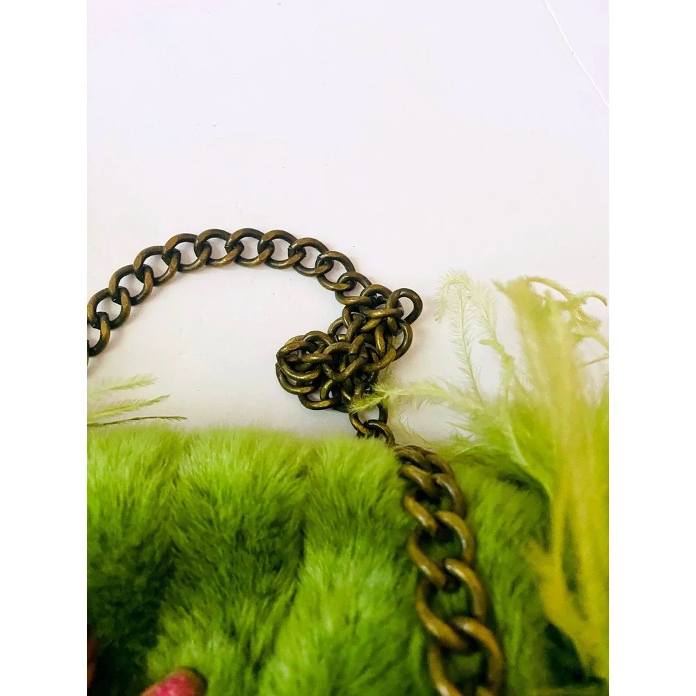 Olive Green Feather-Trim Fur Clutch with Chain Strap